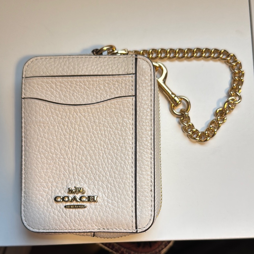 Coach Cream Leather Card Holder with Gold Chain